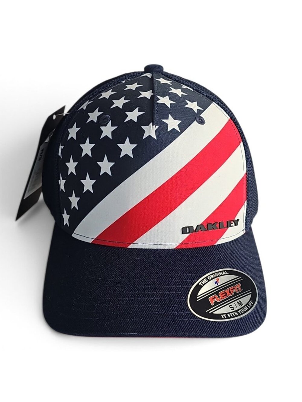 Oakley Indy Passport American Flag Flexfit Trucker Stretch Hat Navy Blue S/M